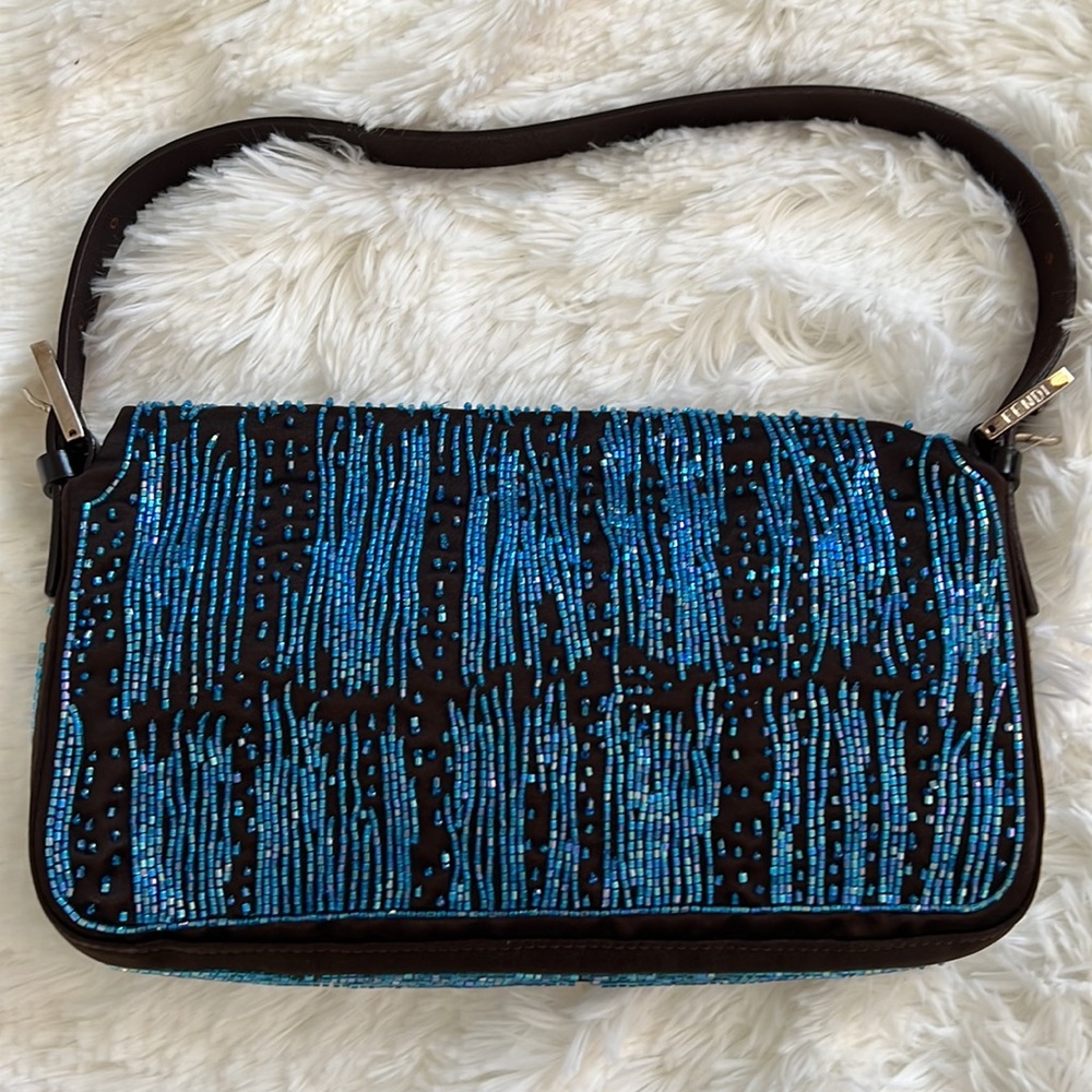 FENDI Brown Blue Beaded Pink Crocadile Baguette - Picture 2 of 6